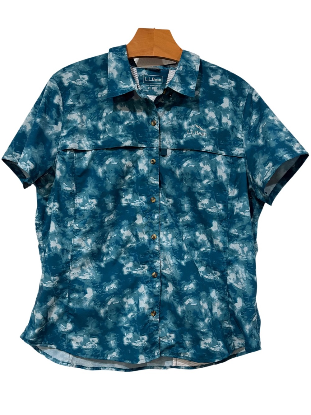 LL Bean Short Sleeve Tropicwear Shirt UPF 50 Teal Camo XL Petite